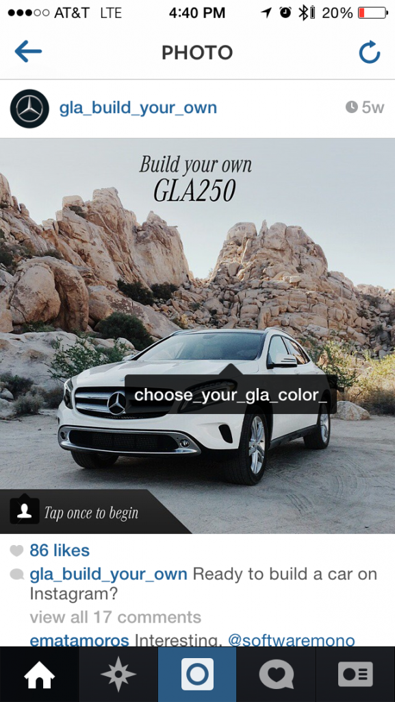 A screenshot of Mercedes Benz - Build your own GLA on Instagram