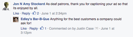 A comment thanking Edley's Bar-B-Que for its consideration when including captions on a post.