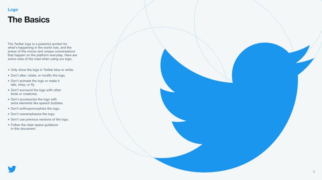 Inside Twitter's style guide they show you how the twitter logo is created using symmetry and shapes.