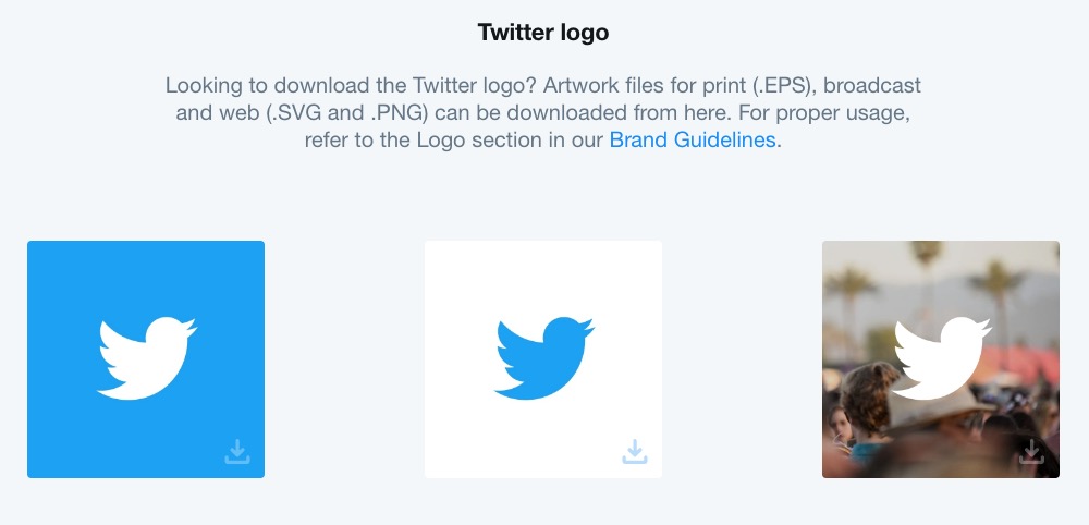 Twitter's style guide located on a dedicated web page also give you downloadable logo files to keep their branding consistent.