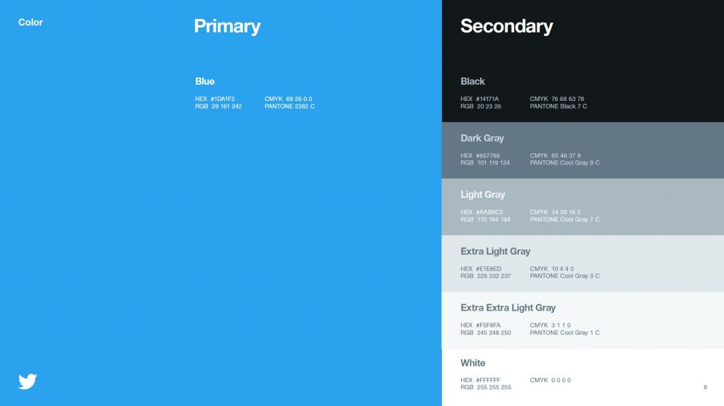 Inside Twitter's style guide are the colors that are acceptable to use.