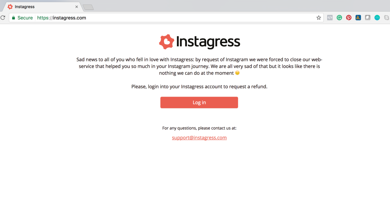 Instagram growth platform Instagress announces their business is closing.
