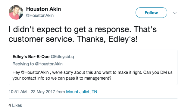 A user was happy to be acknowledged on Twitter following his tweet for Edley's.