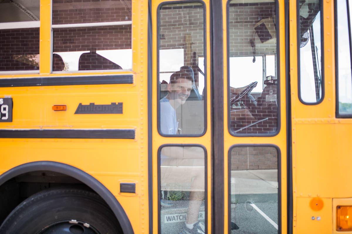 Director Kevin directs the bus driver to nail the shot for the School Bus PSA