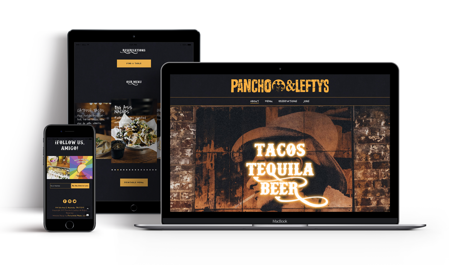 A mockup of of Pancho & Lefty's Custom WordPress Website