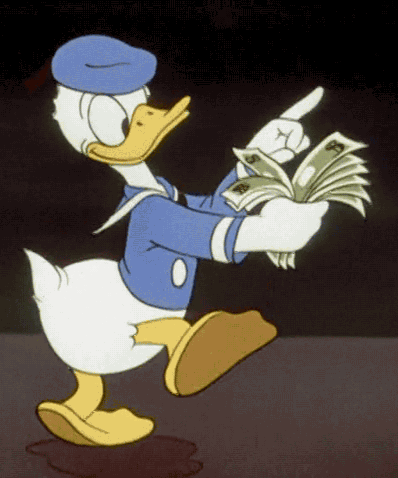 Donald Duck is waddling and counting all his money.