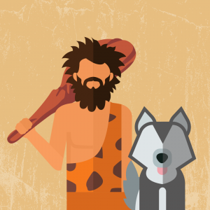 A digital illustration of a caveman and wolf