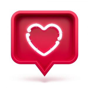 Like heart icon on a red pin isolated on white background. Neon-like symbol.