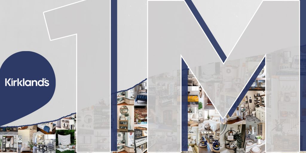 Gray and navy graphic featuring Kirkland's logo, and 1M, standing for 1 million in large letters. In the background is a growth line representing follower increase, as well as top performing images that were featured in Kirkland's Instagram posts.
