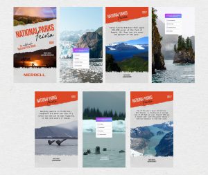 A graphic visualizing the layout of a National Parks Instagram Story trivia project. It features seven screengrabs of Kenai Fjordes National Park with three question slides and three slides with fun facts about the park.
