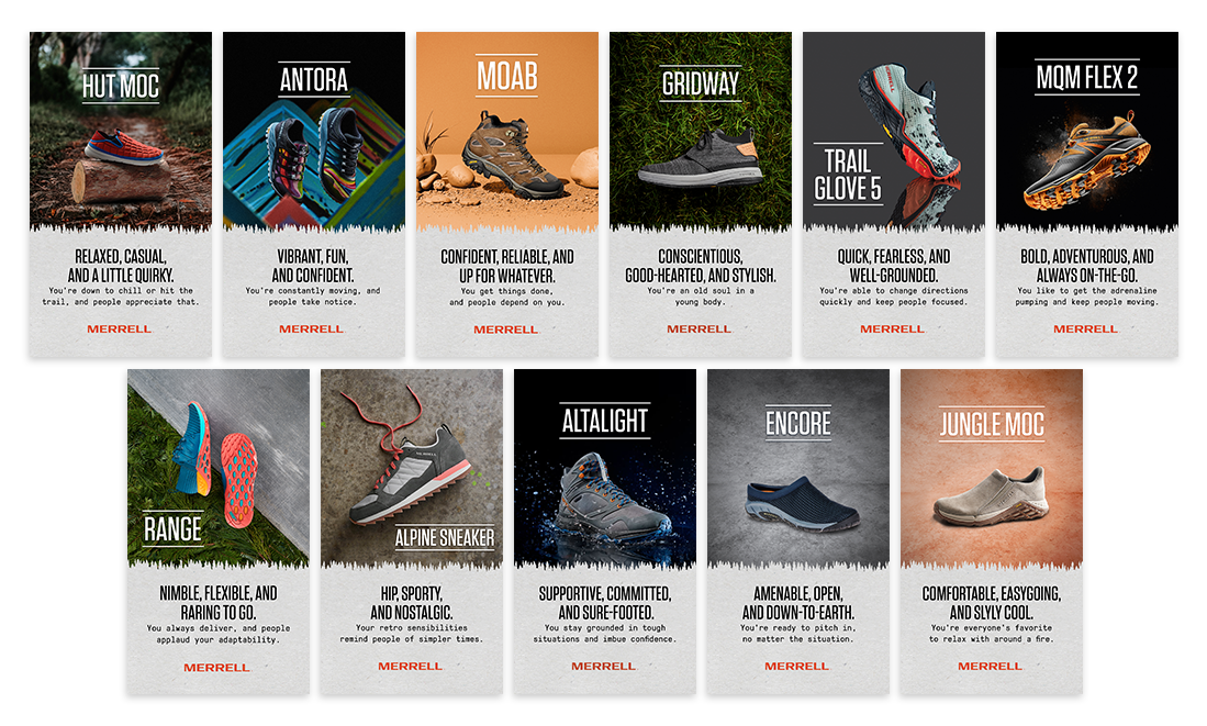 Display of Instagram Story slides created to follow Merrell's AR filter, "What Merrell Shoe Are You?"