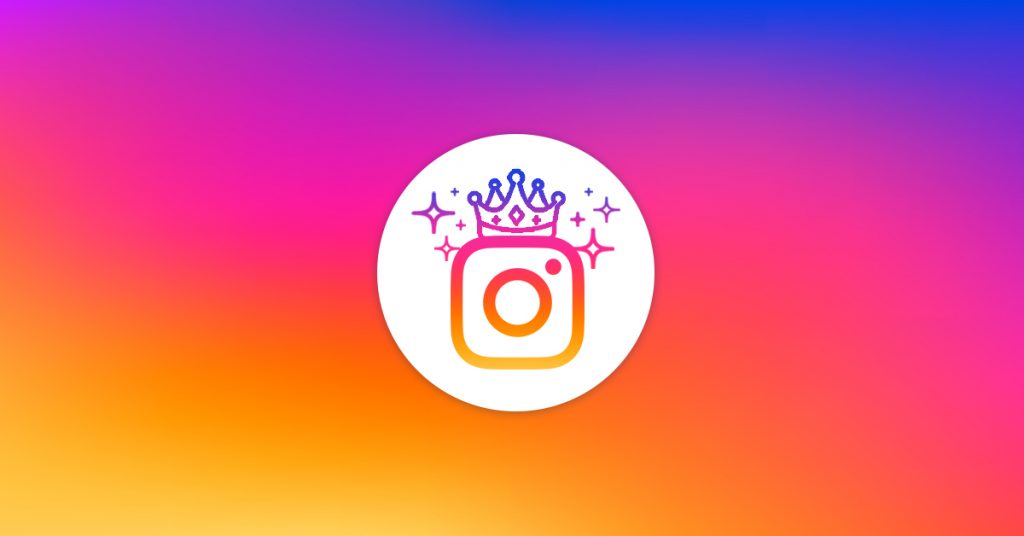 Graphic with yellow, pink, and blue gradient background, with Instagram’s logo centered on a white circle. Instagram’s logo has a crown and sparkles.
