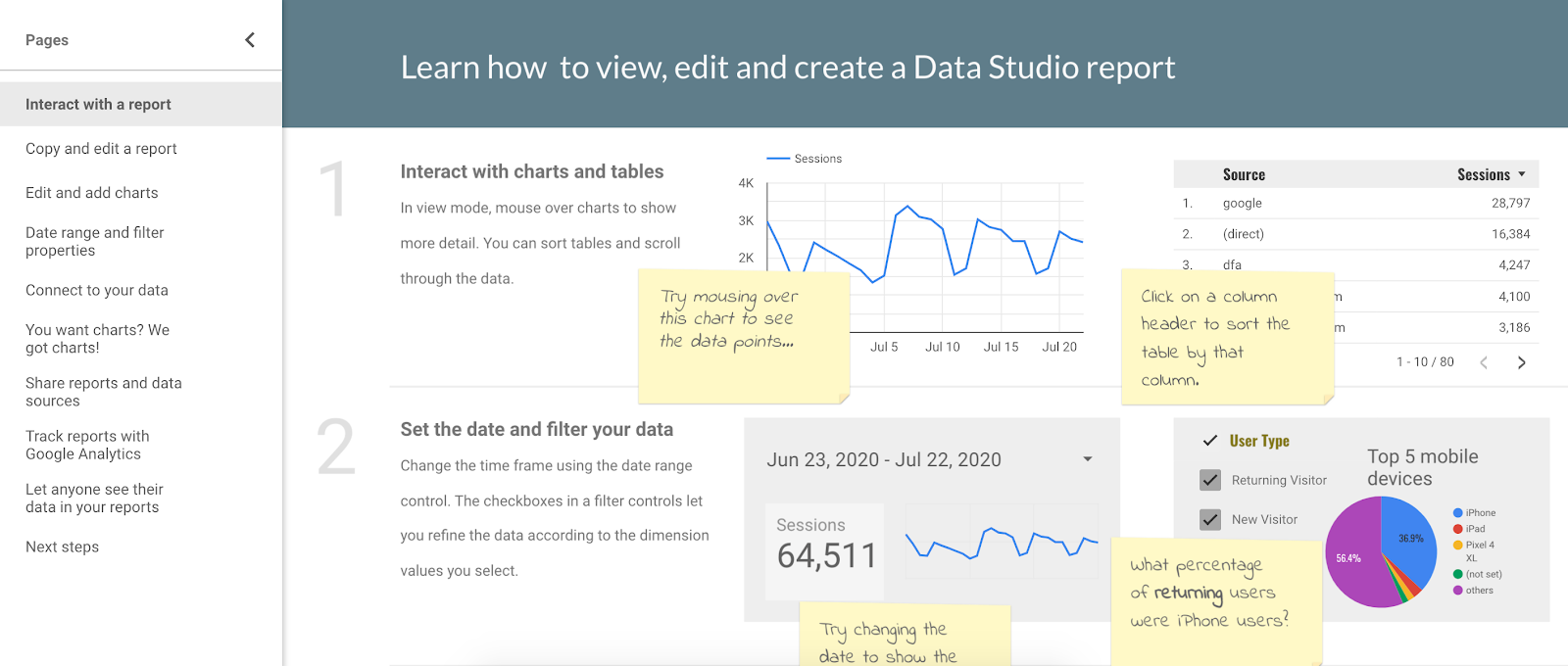 Screenshot of the Google Data Studio interface and tutorial