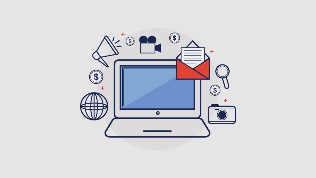 Gray graphic with icons related to email marketing: laptop, internet, money, megaphone, video camera, open email, magnifying glass, and camera.