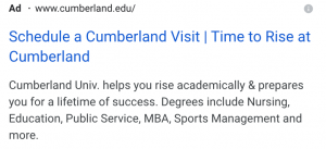 A screenshot of one of Cumberland’s Google Ads.