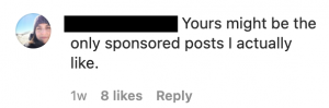 A screenshot of an Instagram comment on the Booty Biscuit posts.